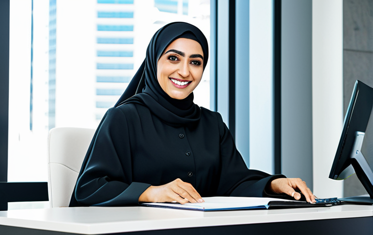 **
"A professional Arab businesswoman in a modest, tailored abaya, seated at a modern desk in a bright, contemporary office in Dubai. She is smiling confidently. Fully clothed, appropriate attire, safe for work, perfect anatomy, natural proportions, professional photography, high quality, family-friendly."
**