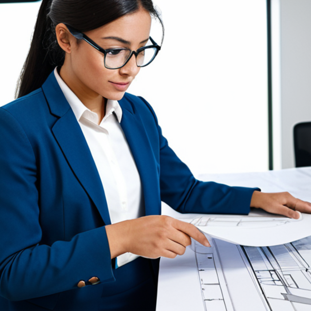 AI 콘텐츠의 저작권 보호 방안 - Professional Architect**
"A female architect in a modern, bright office, reviewing blueprints, full...