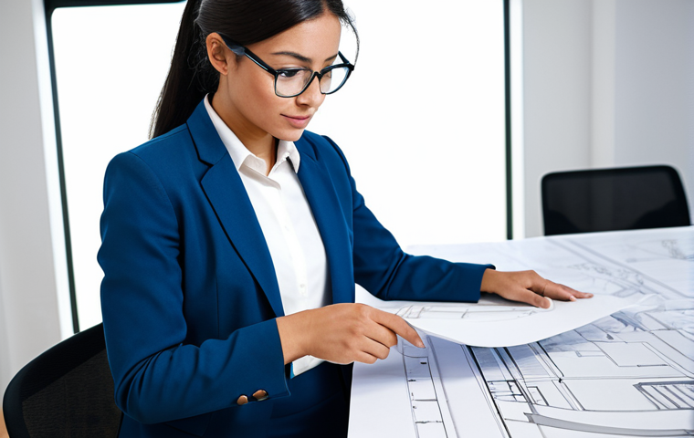 AI 콘텐츠의 저작권 보호 방안 - Professional Architect**
"A female architect in a modern, bright office, reviewing blueprints, full...