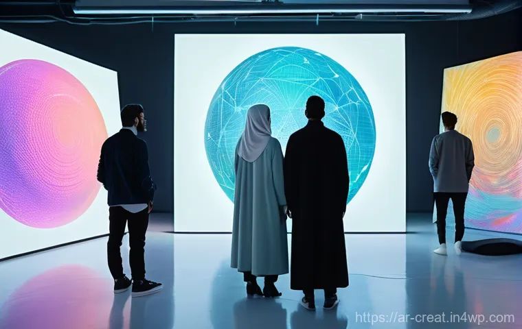 AI 콘텐츠의 저작권 인식 변화 - **Prompt:** A diverse group of people, including a young man in modern casual attire and a woman wea...
