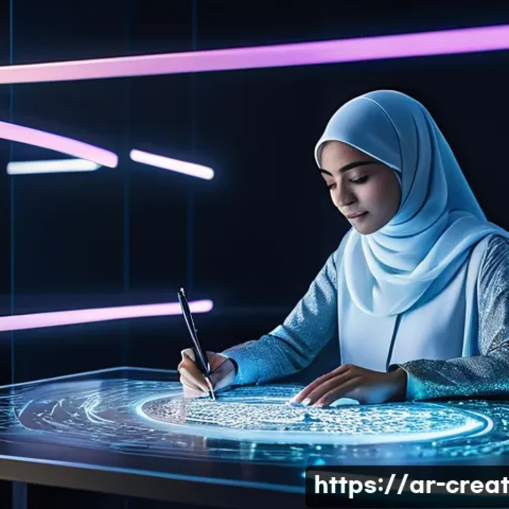 AI 저작물의 저작권 관리 시스템 - **Prompt:** A dynamic and inspiring scene featuring a young female artist of Arabic descent, dressed...