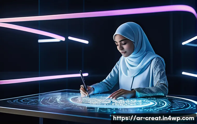 AI 저작물의 저작권 관리 시스템 - **Prompt:** A dynamic and inspiring scene featuring a young female artist of Arabic descent, dressed...