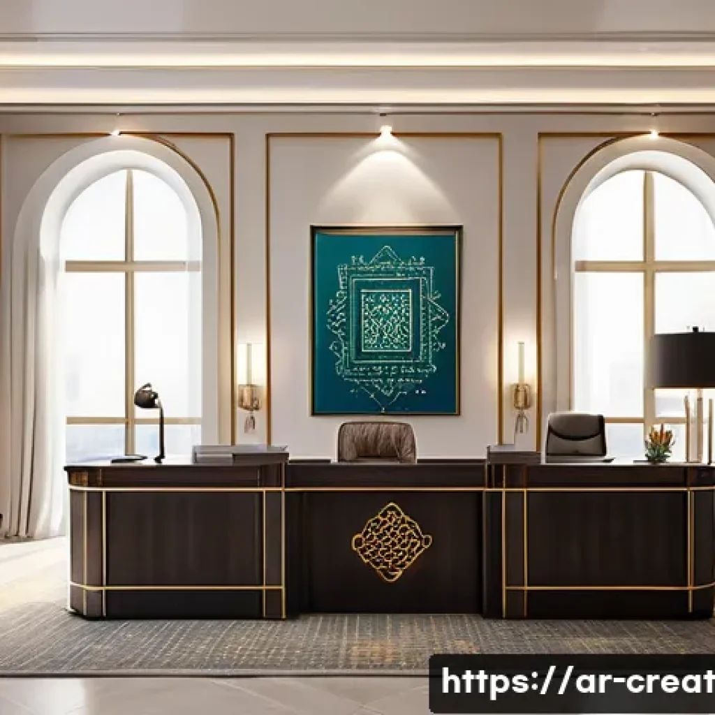 AI 창작물의 저작권 승인 절차 - A modern Arabic legal office interior, featuring an Arabic calligraphy art piece on the wall symboli...
