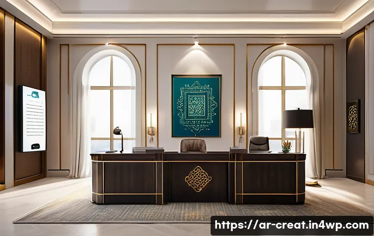 AI 창작물의 저작권 승인 절차 - A modern Arabic legal office interior, featuring an Arabic calligraphy art piece on the wall symboli...