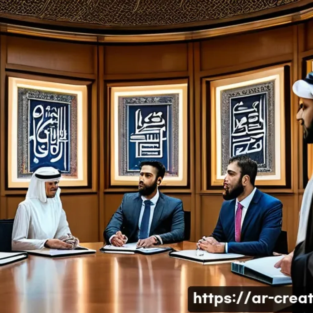 AI 콘텐츠의 저작권을 위한 법적 조언 - A sophisticated digital courtroom scene set in a modern Middle Eastern city courtroom, featuring a d...