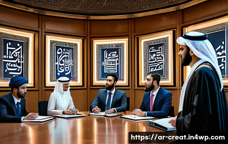 AI 콘텐츠의 저작권을 위한 법적 조언 - A sophisticated digital courtroom scene set in a modern Middle Eastern city courtroom, featuring a d...