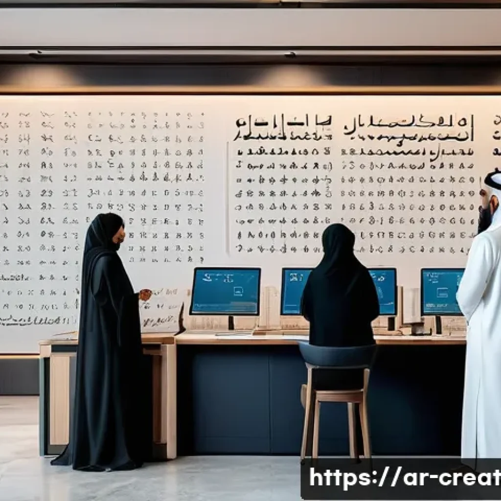 생성형 AI 저작권 연구 자료 - A modern Arabic legal office setting with diverse professionals discussing copyright laws related to...