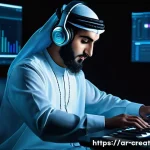 Home 21 AI 작곡과 저작권 저작물 보호 전략 - A modern Middle Eastern music studio scene featuring an Arab male musician in traditional attire wea...
