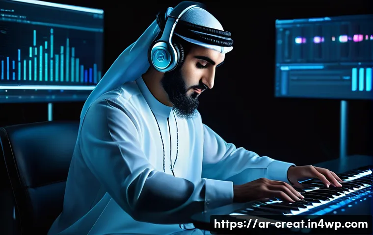 AI 작곡과 저작권 저작물 보호 전략 - A modern Middle Eastern music studio scene featuring an Arab male musician in traditional attire wea...