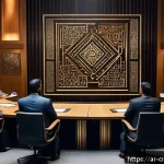 Home 19 AI 콘텐츠와 저작권의 실제 사례 - A sophisticated courtroom scene in a modern Middle Eastern city, showcasing a diverse group of legal...
