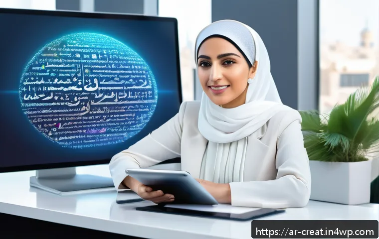 AI 저작물의 저작권 침해 사례 연구 - A professional Arab woman in modern business attire sitting at a sleek desk filled with digital tabl...