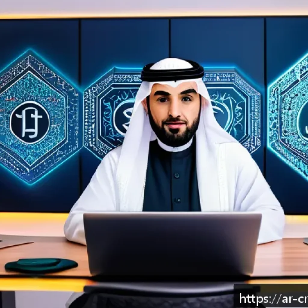 AI 콘텐츠의 저작권 문제 해결을 위한 워크숍 - A professional Middle Eastern legal expert sitting in a modern office with Arabic calligraphy art on...