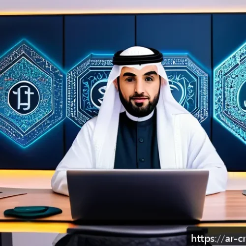 Home 17 AI 콘텐츠의 저작권 문제 해결을 위한 워크숍 - A professional Middle Eastern legal expert sitting in a modern office with Arabic calligraphy art on...