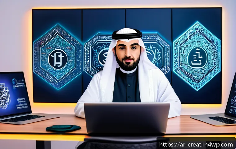 AI 콘텐츠의 저작권 문제 해결을 위한 워크숍 - A professional Middle Eastern legal expert sitting in a modern office with Arabic calligraphy art on...