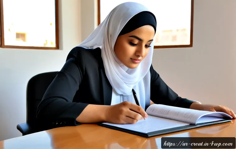 AI 콘텐츠의 저작권 이슈에 대한 대처 방안 - Photorealistic legal consultation in a modern Middle Eastern office, Arab woman wearing a modest neu...