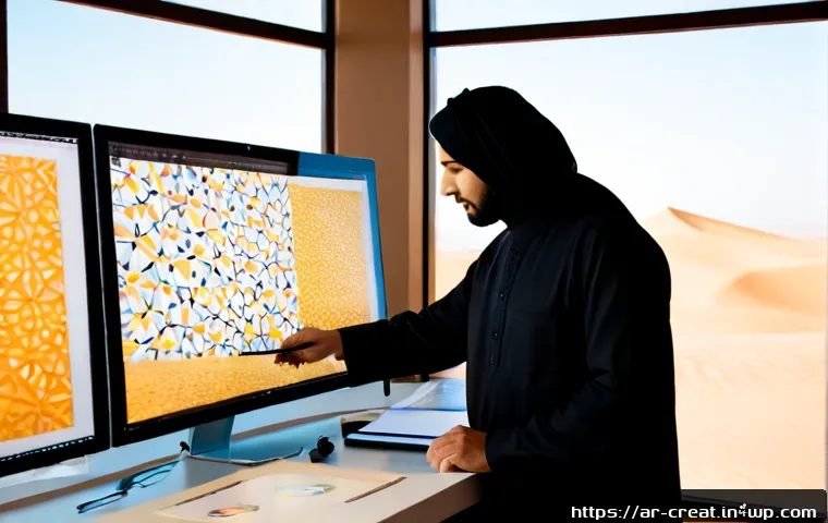 AI 콘텐츠의 저작권과 상표권 차별점 - Photorealistic editorial scene in a modern Arab creative studio, an Arab digital artist in modest pr...